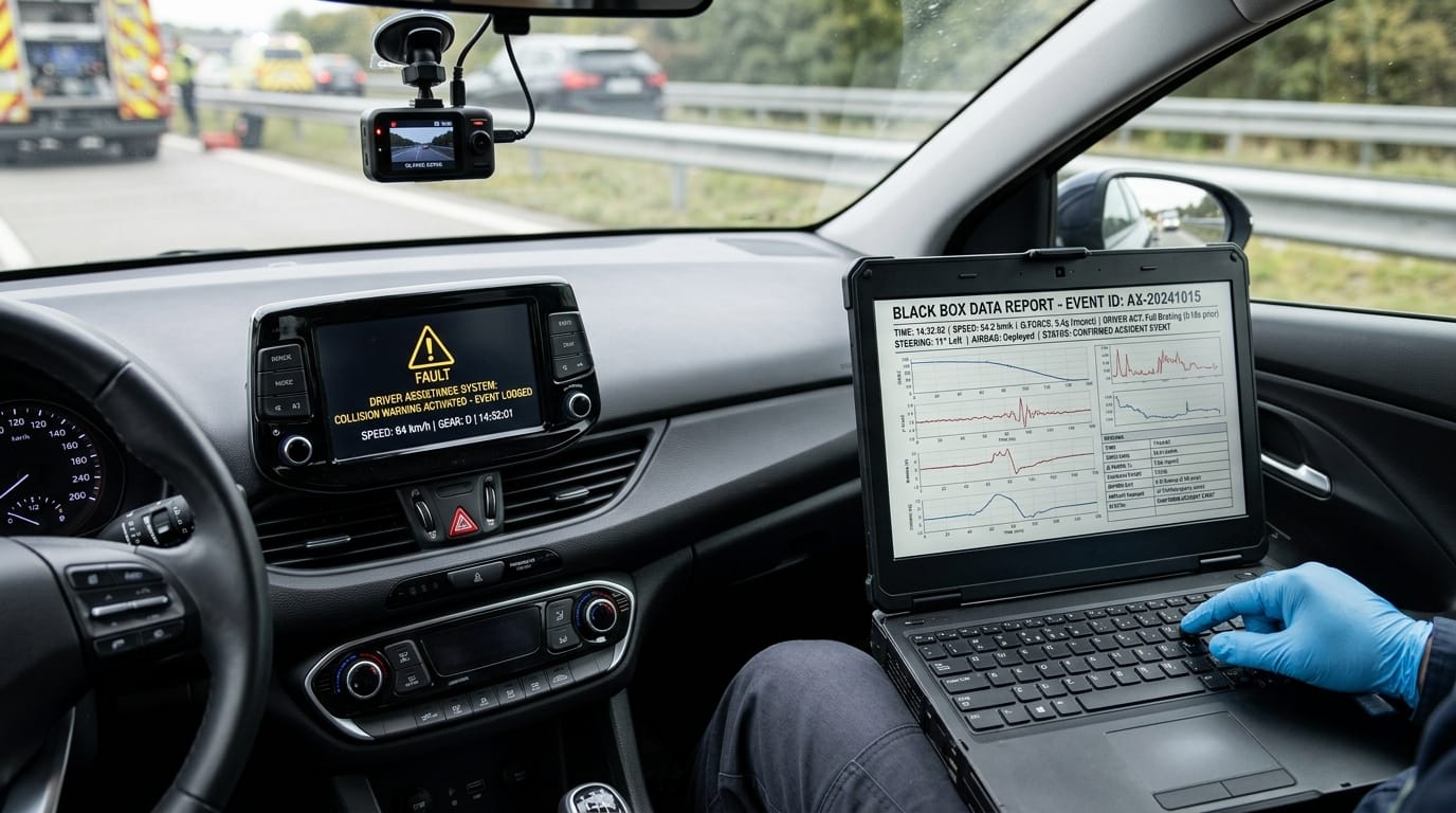ADAS crash evidence including dashcam footage, vehicle data, and driver-assistance warnings