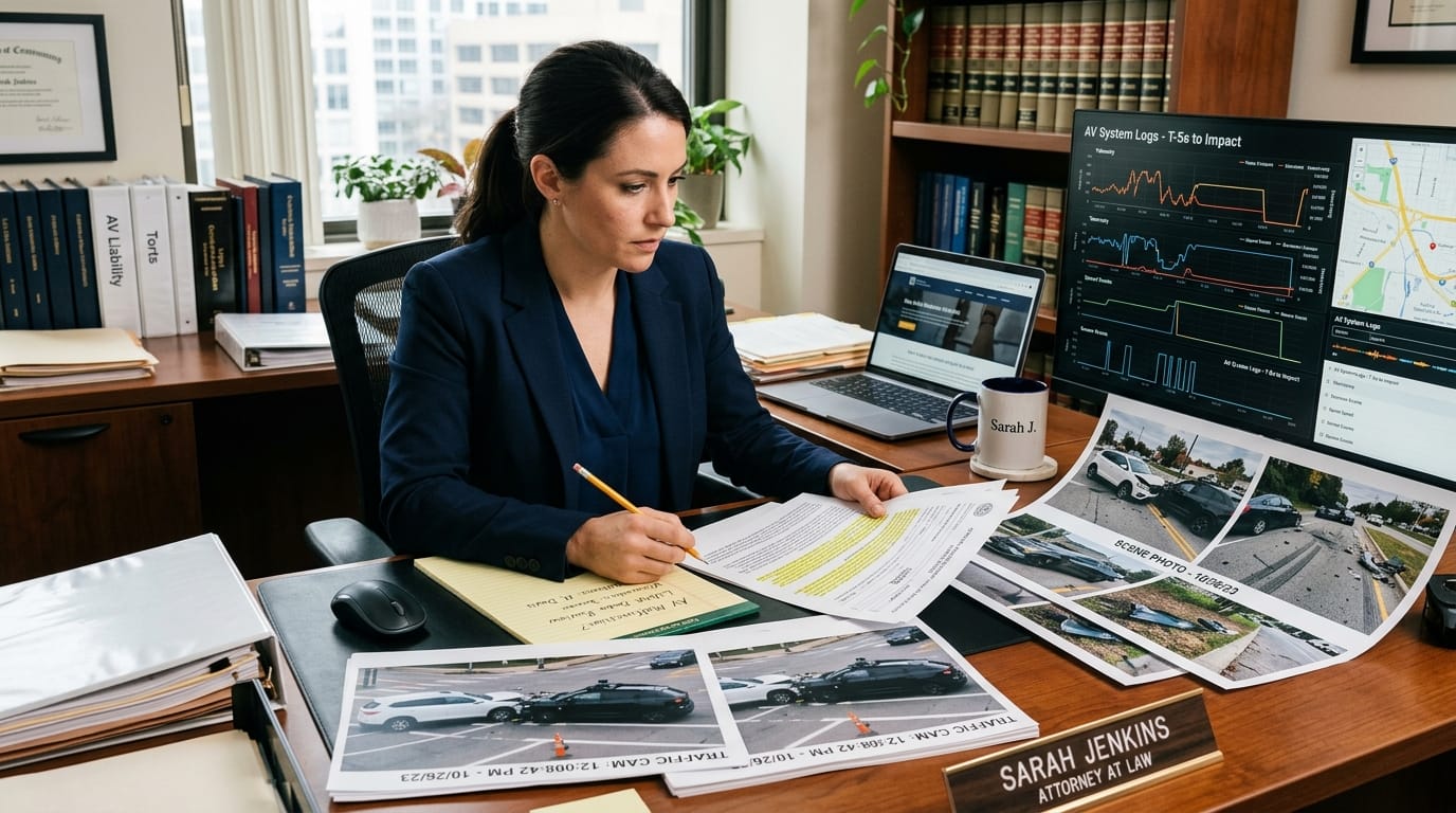 Attorney reviewing digital evidence for an autonomous vehicle accident claim