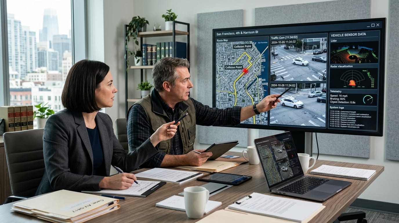 Attorney reviewing robotaxi sensor data and crash timeline for an injury claim