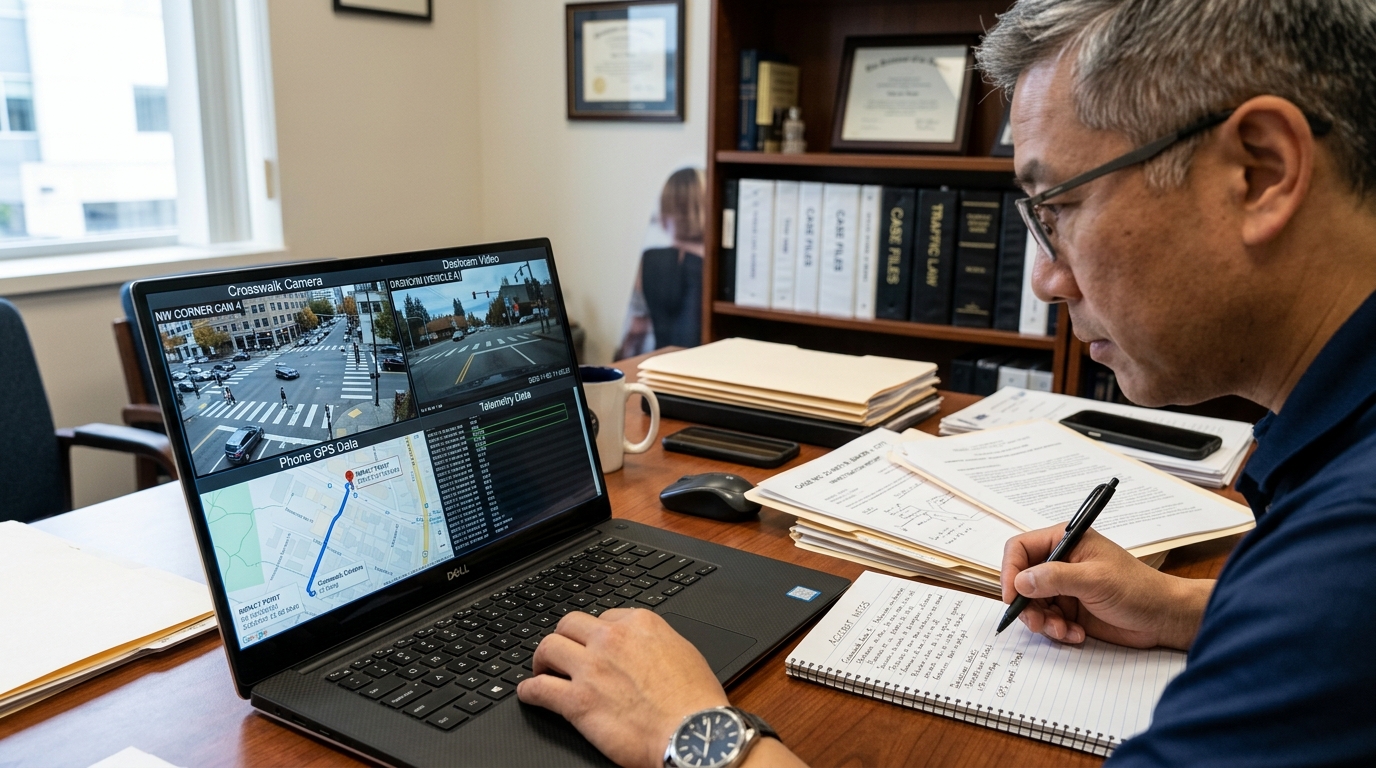 Attorney reviewing video and digital evidence for a pedestrian accident claim