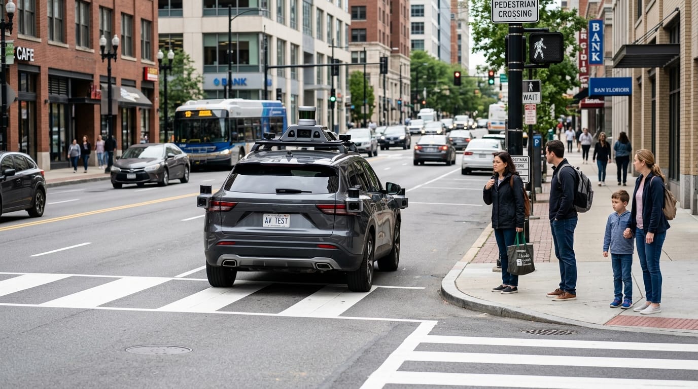 Autonomous vehicle near a crosswalk showing liability risks in California accident claims