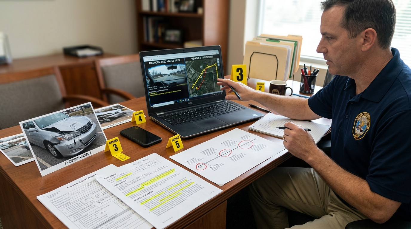Crash investigator reviewing evidence after staged accident allegations