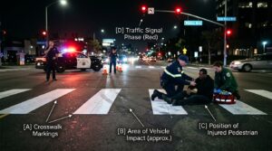 Pedestrian accident claim evidence at a nighttime California crosswalk