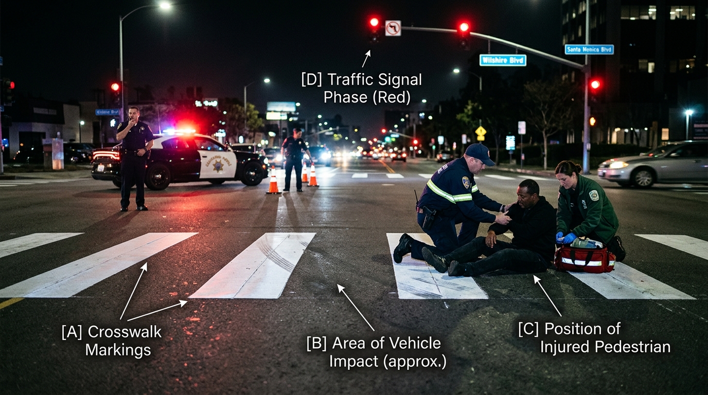 Pedestrian accident claim evidence at a nighttime California crosswalk