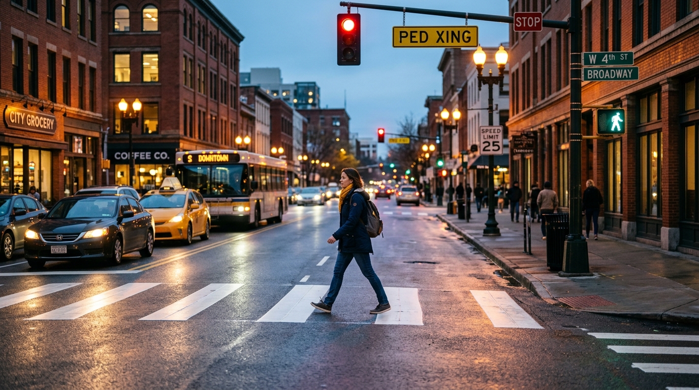 Pedestrian crossing safely at dusk near a marked crosswalk