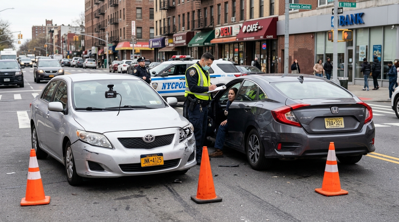 Police documenting a car accident scene involving disputed insurance claim evidence