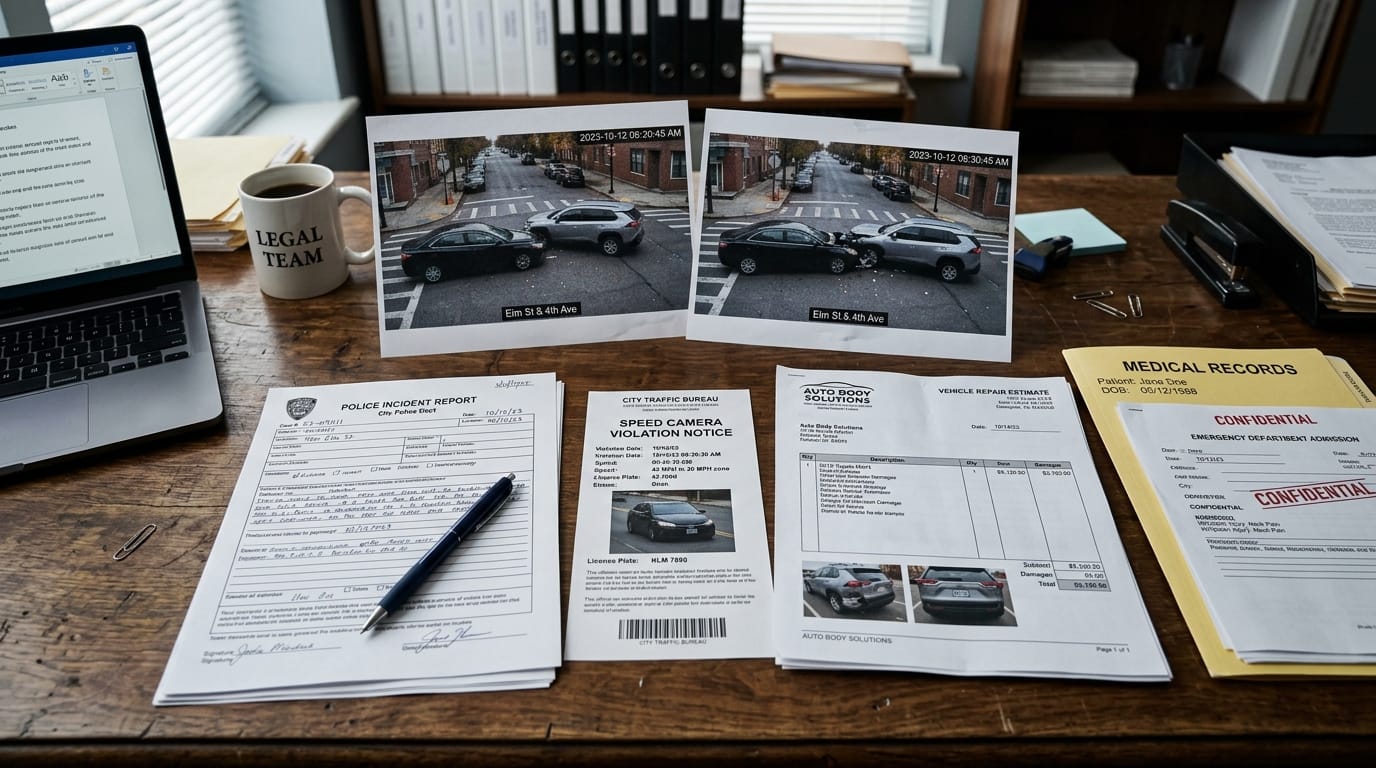 Speed camera evidence, dashcam footage, and medical records for an accident claim