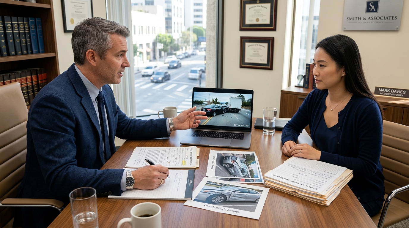 Attorney reviewing road rage accident claim evidence with dashcam footage