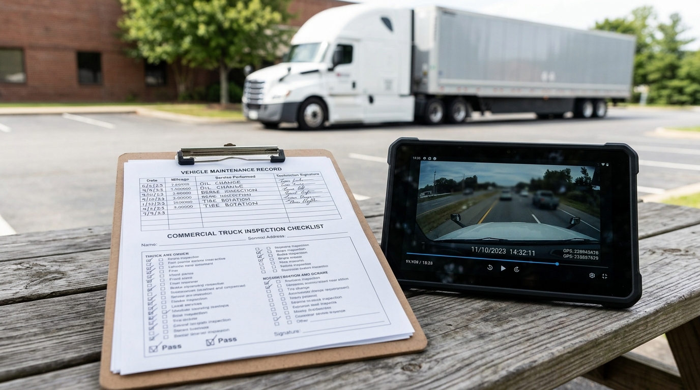 Commercial vehicle accident evidence including maintenance records and dashcam footage