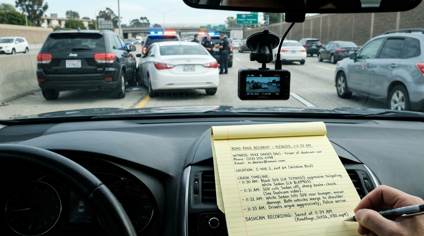 Dashcam evidence and witness notes for a road rage accident claim