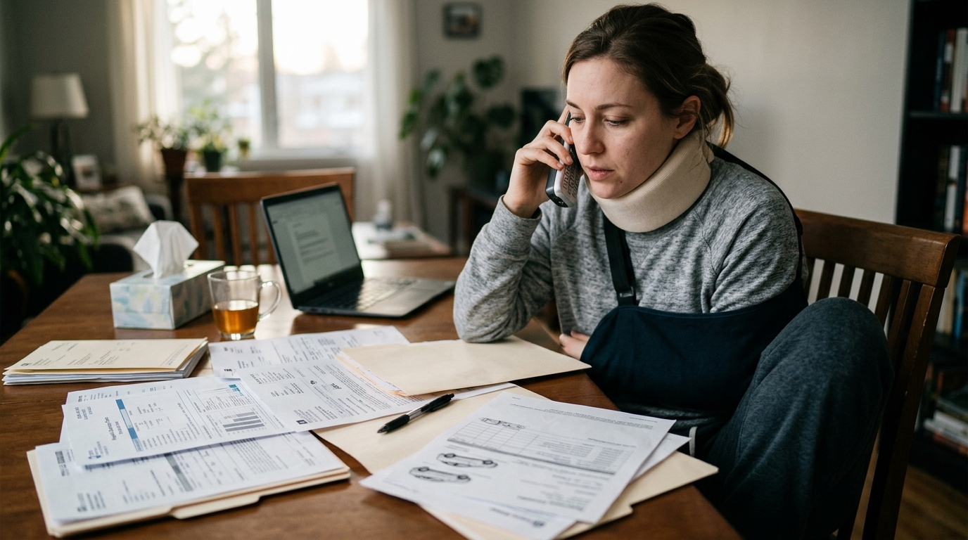 Accident victim organizing medical records and insurance documents after a California crash