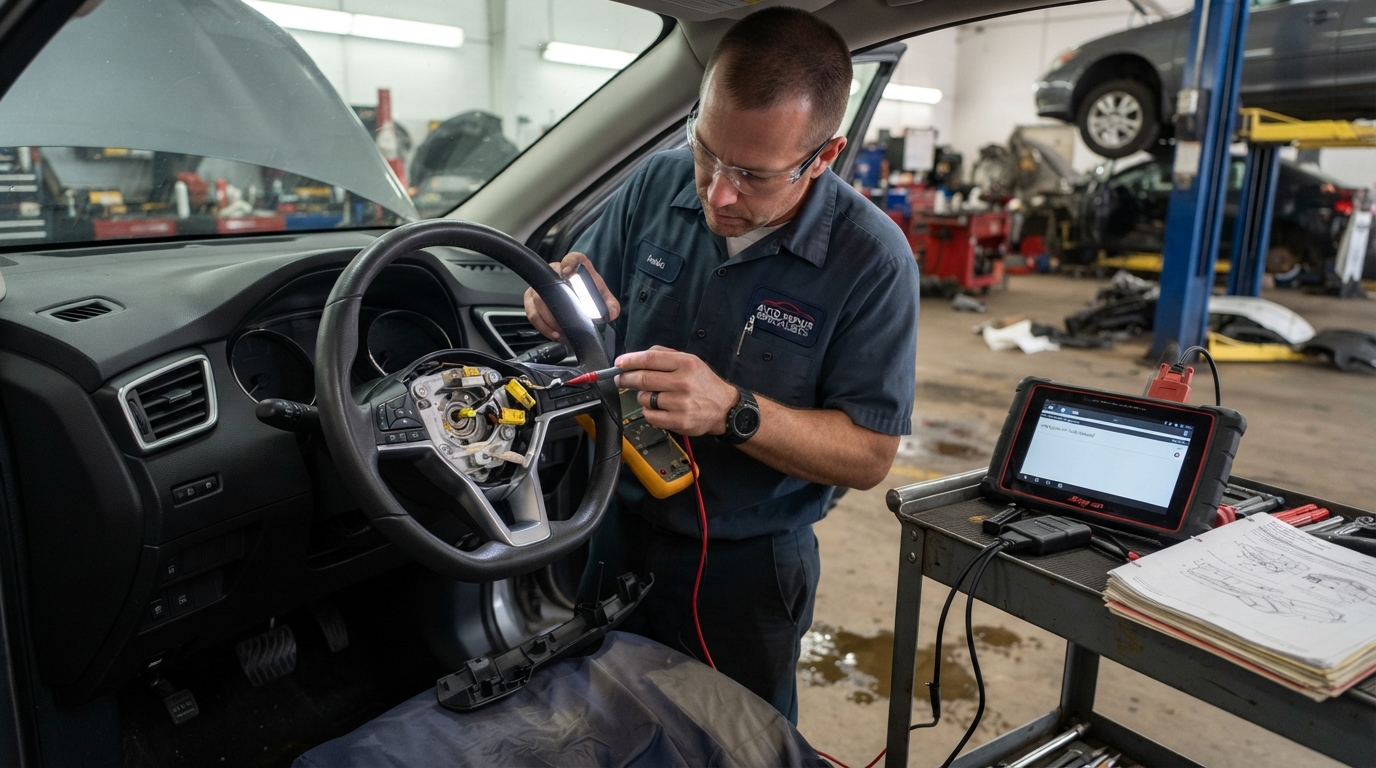 Mechanic inspecting a replacement airbag after defective airbag injuries
